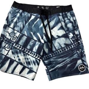 RVCA Board Shorts Men's Size 34 Blue White Tropical 9" Swim Trunks Beach
